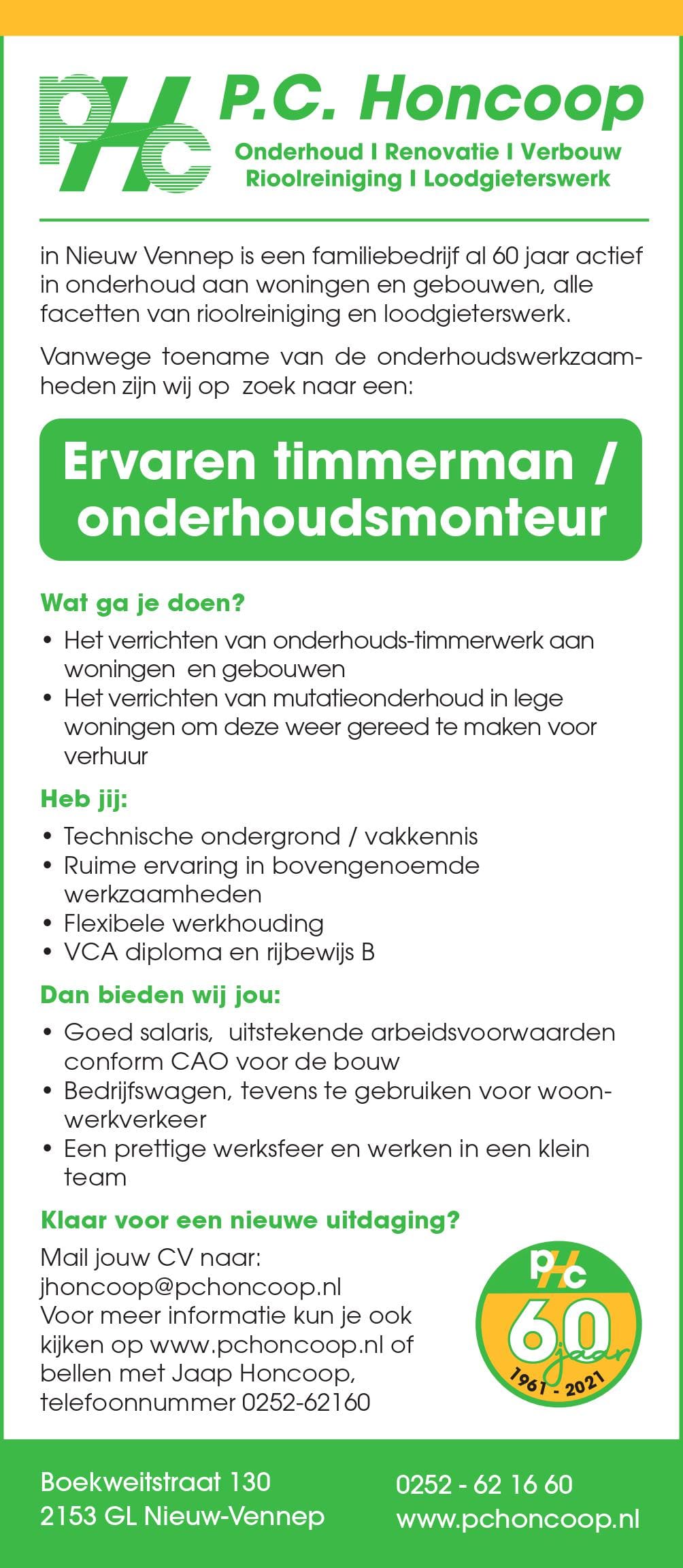 Vacature ervaren timmerman - onderhoudsmonteur Nieuw Vennep