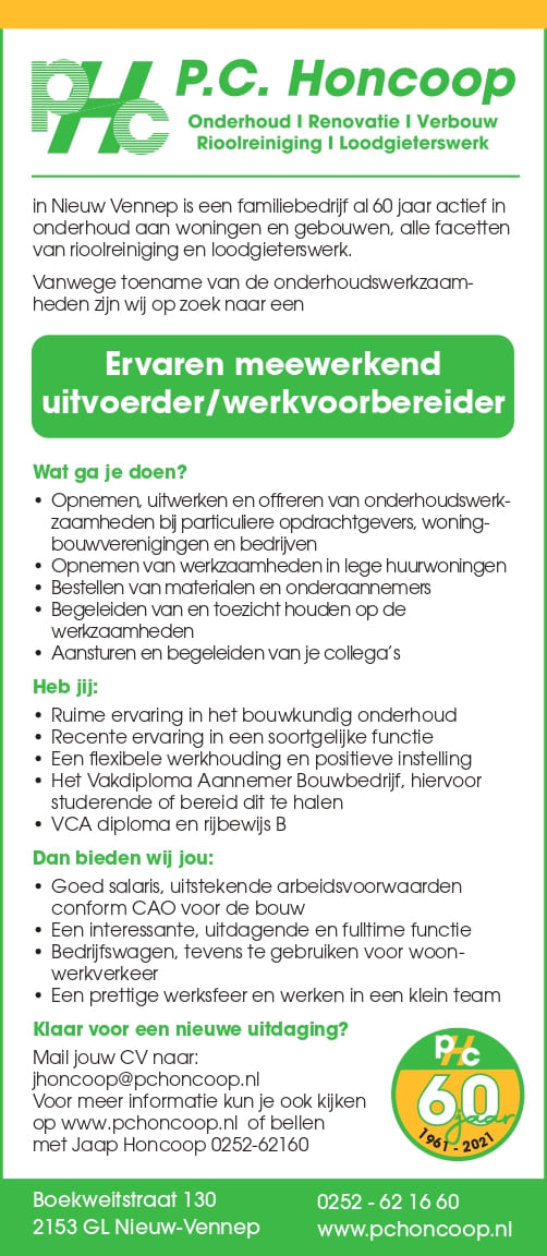 Vacature meewerkend uitvoerder - werkvoorbereider Nieuw Vennep